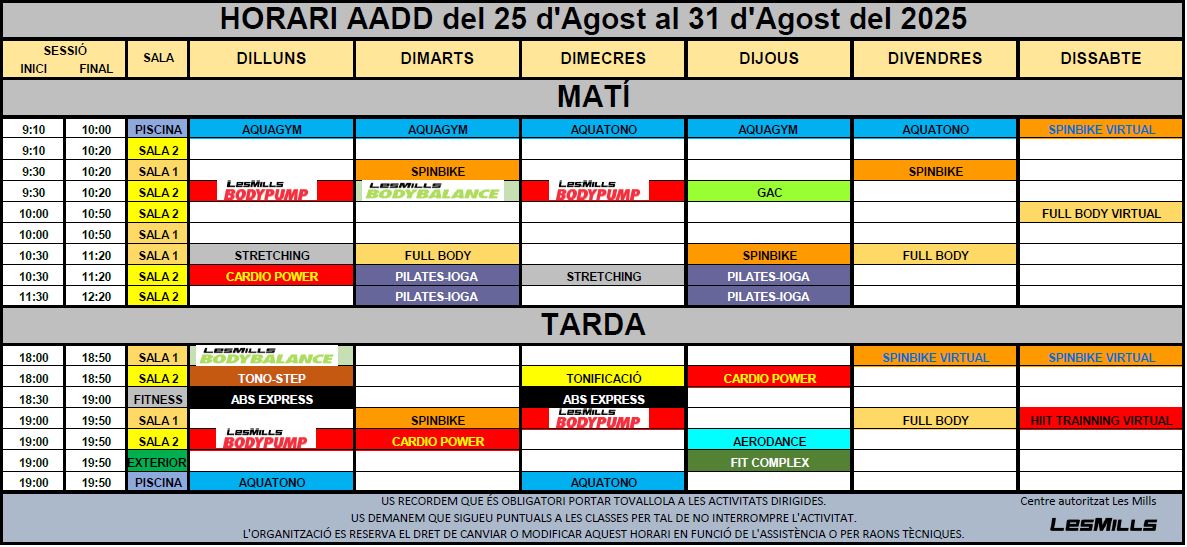 Horari del 25 al 31 Agost
