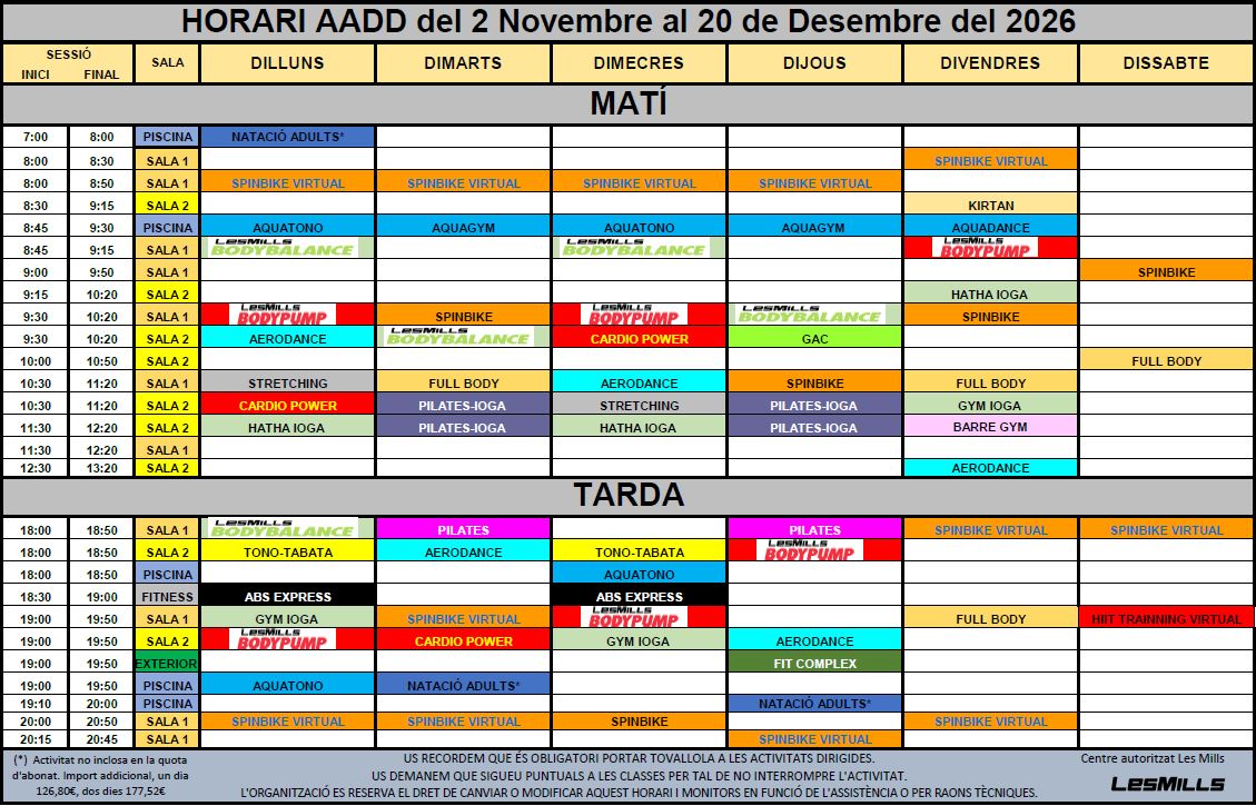 Nou horari del 2 Novembre al 20 desembre